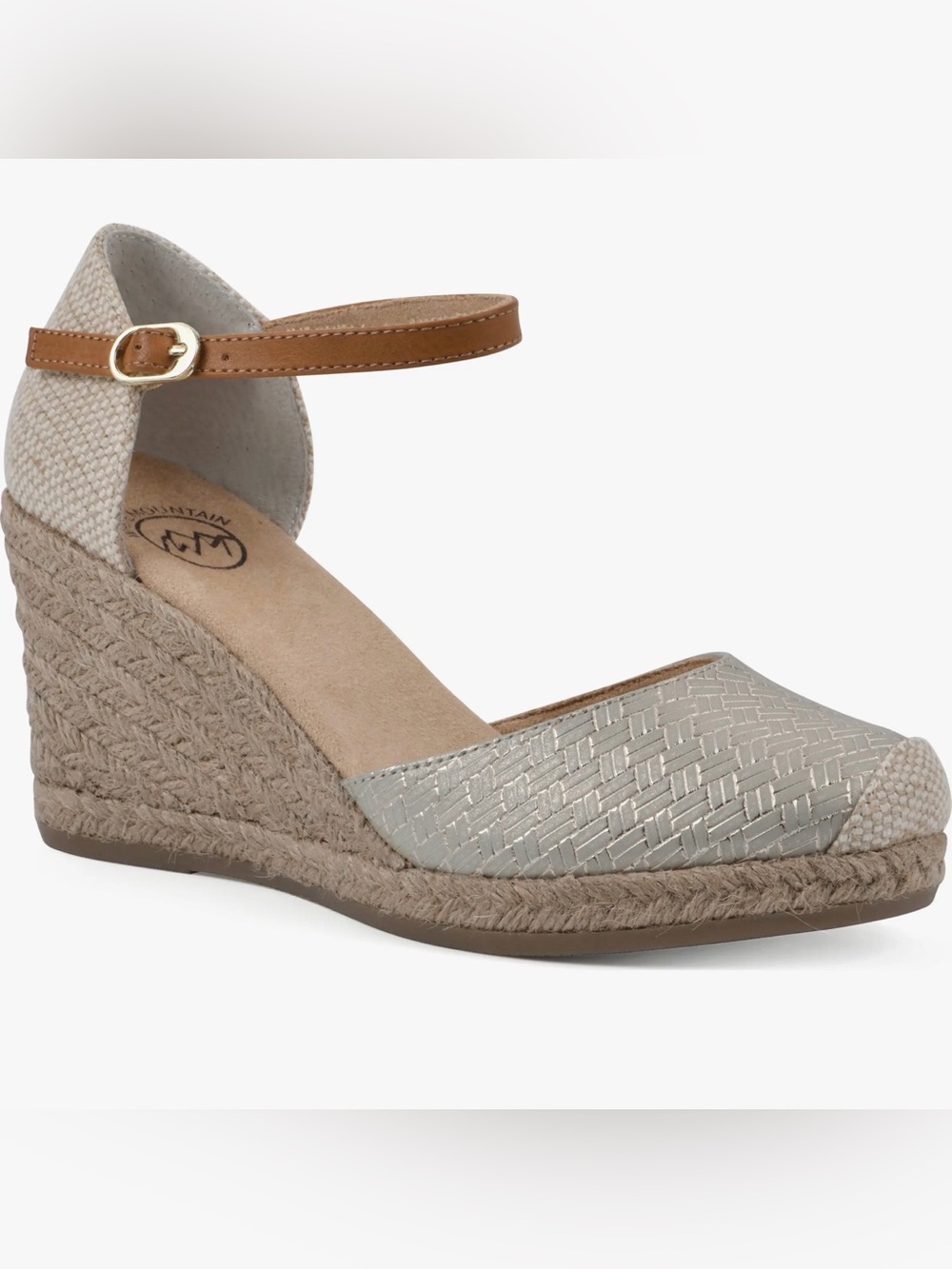 White Mountain Gold Metallic Espadrille Wedges with Tan Ankle Strap NWT